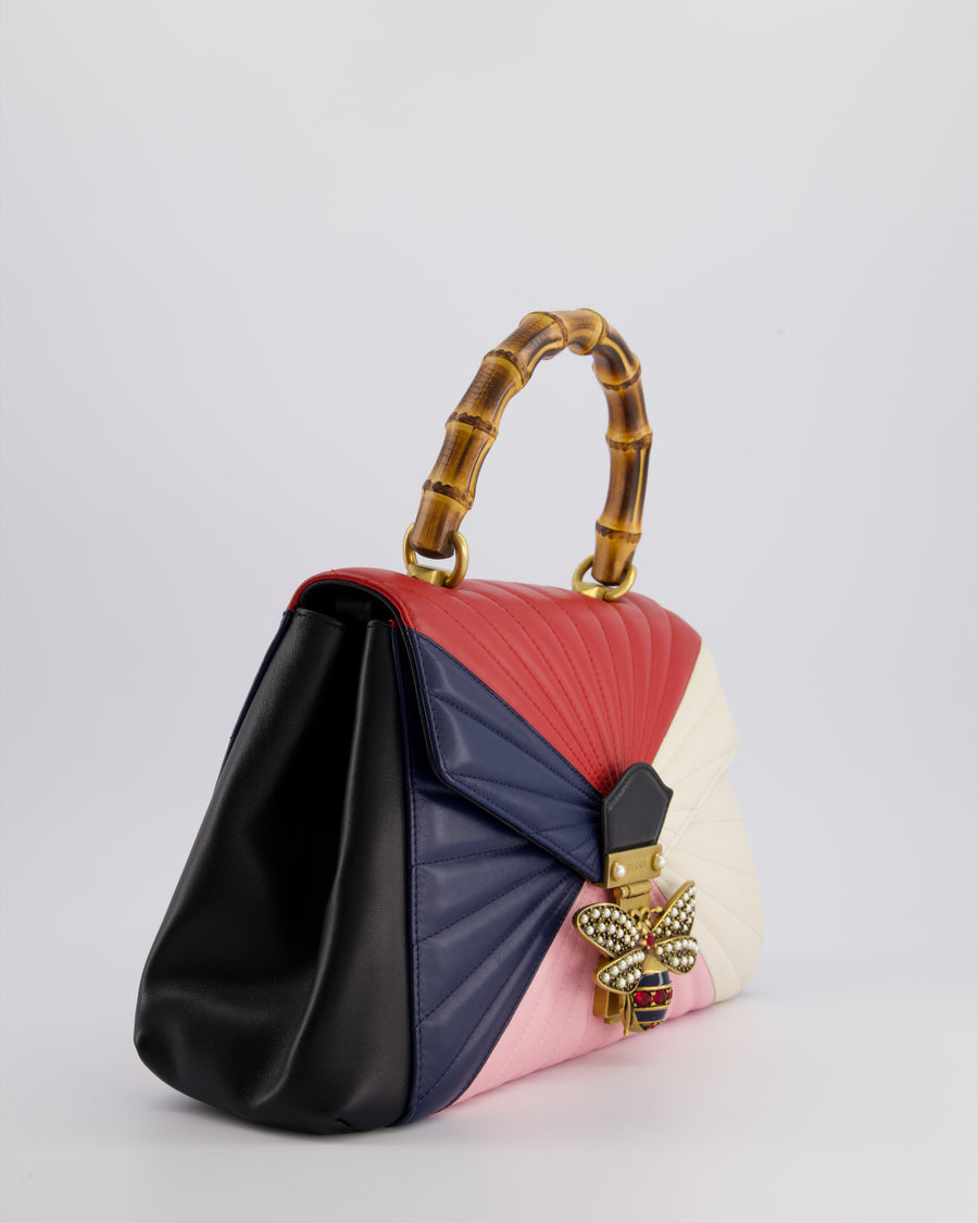 Gucci Black Queen Margaret Matelasse Bamboo Top Handle Bag with Gold Hardware and Embellished Bee Detail