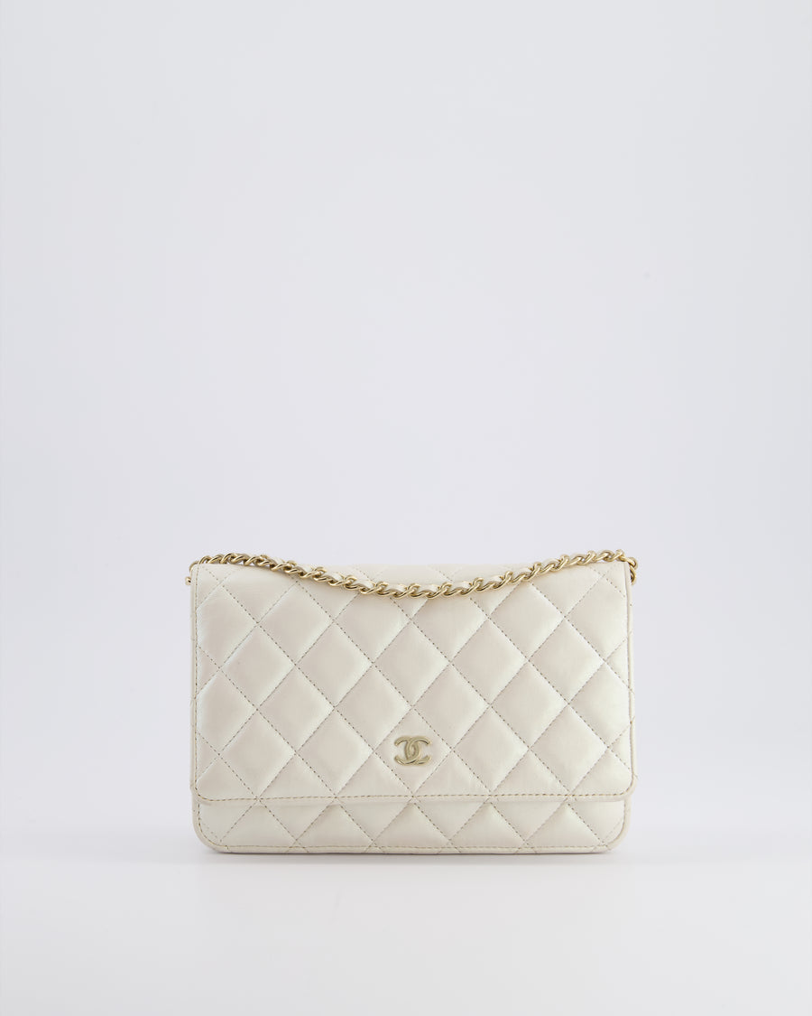 *HOT* Chanel Pearlescent Off-White Wallet on Chain Bag in Calfskin Leather with Champagne Gold Hardware