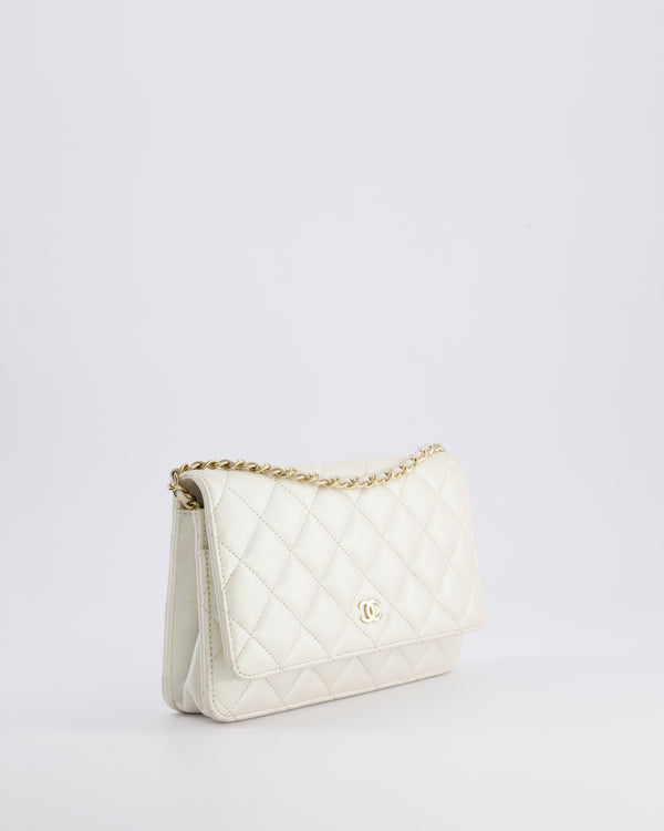 *HOT* Chanel Pearlescent Off-White Wallet on Chain Bag in Calfskin Leather with Champagne Gold Hardware