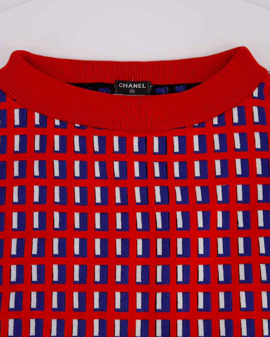 Chanel SS13 Red Knit Jumper with Pearl Pockets & Blue and White Window Detail Size FR 36 (UK 8)