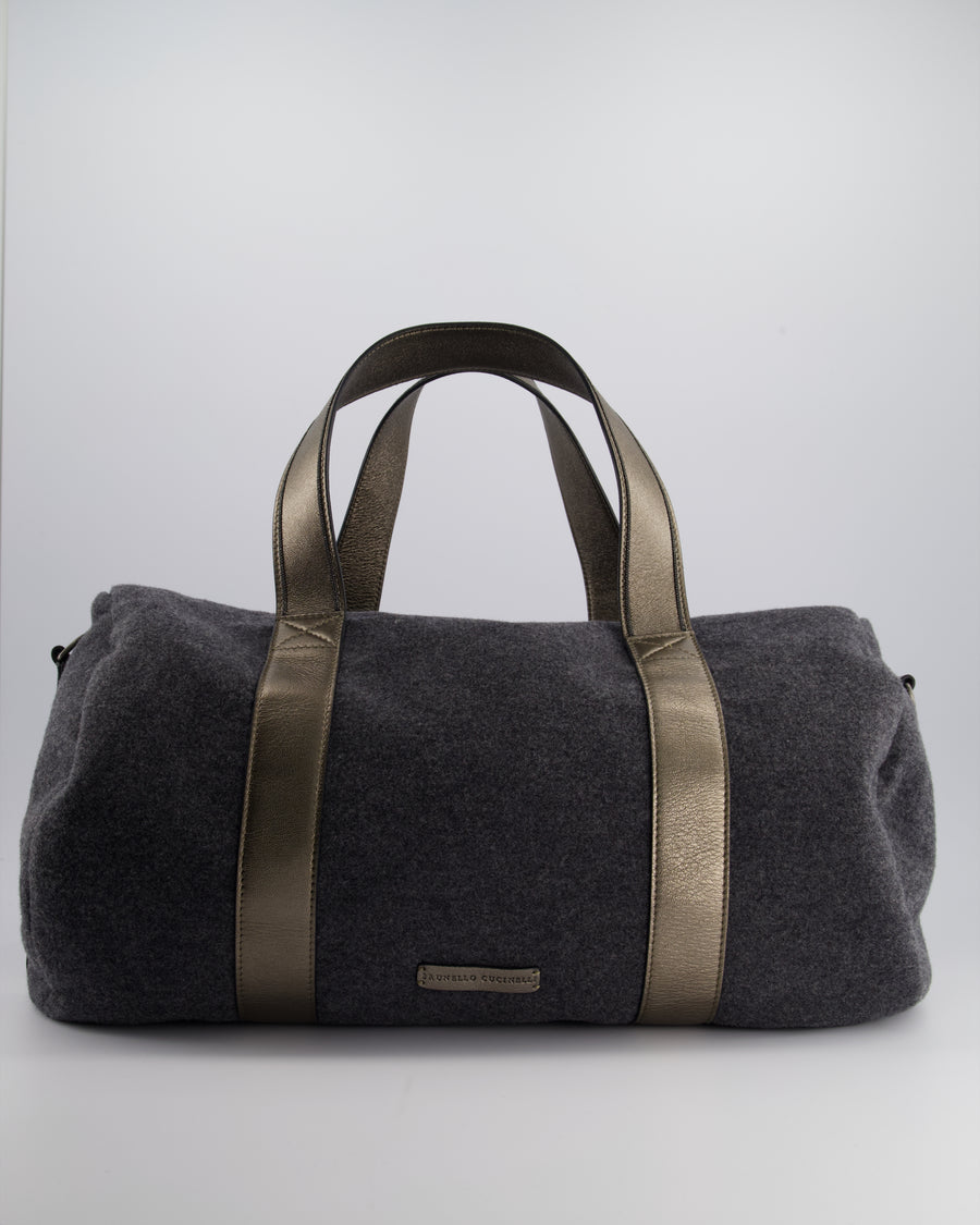 Brunello Cucinelli Grey Felt Duffle Bag with Gunmetal Grey Hardware