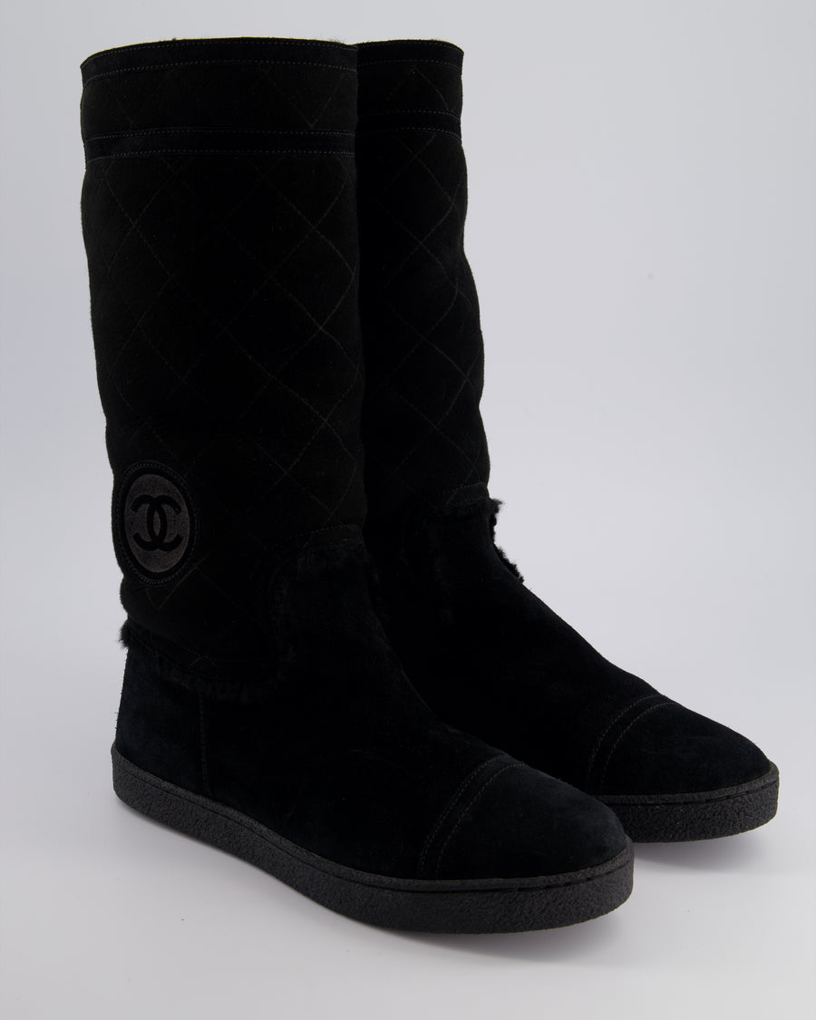 Chanel Black Suede, Shearling CC Logo Ankle Boots Size EU 40.5