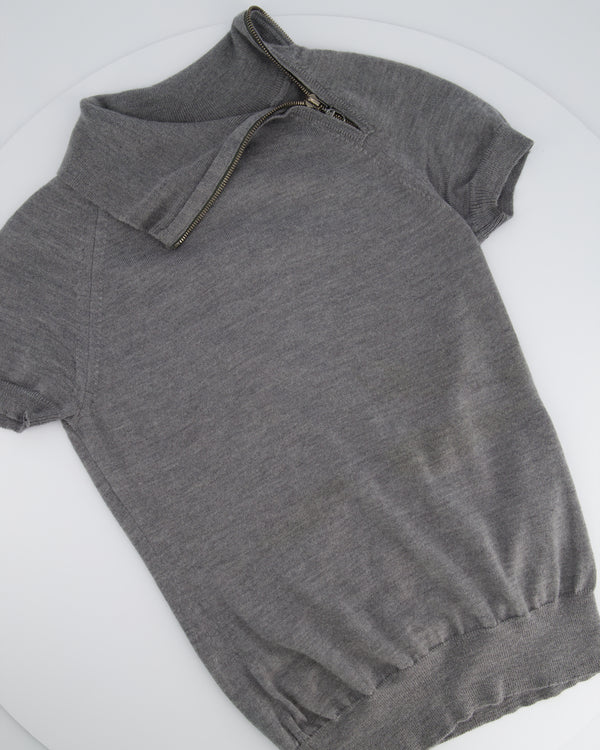 Celine Grey Short Sleeve Fine Knit Top With Zip Detail Size S (UK 8)