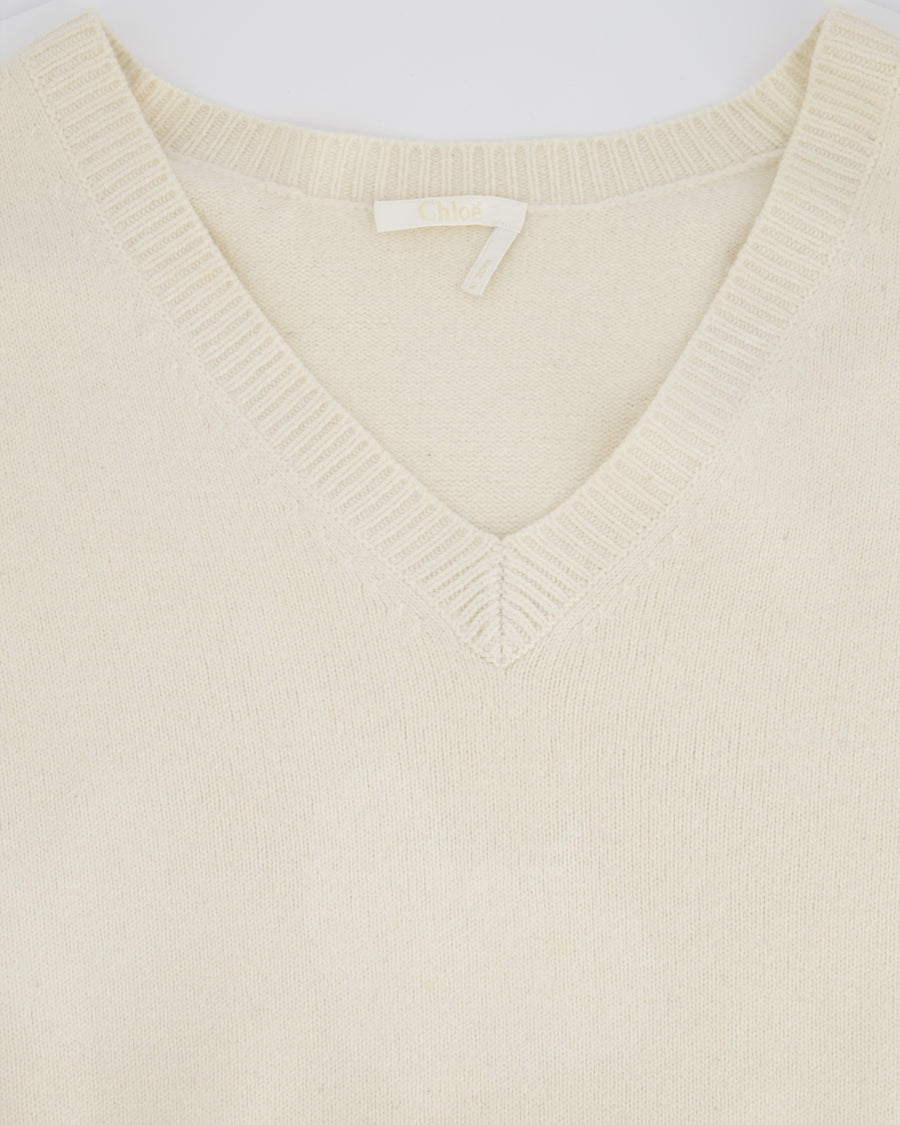 Chloe Cream Cashmere V-Neck Jumper With Embroidered Emblem Detail Size XS