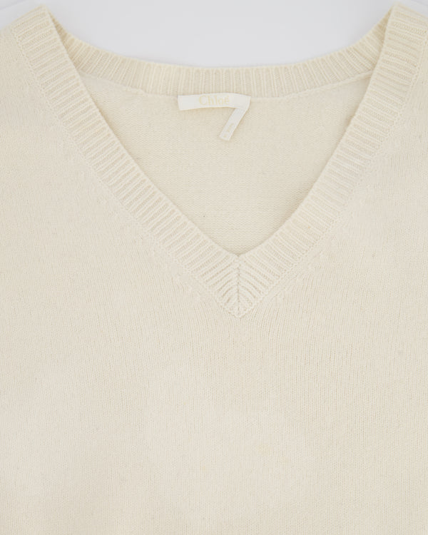 Chloe Cream Cashmere V-Neck Jumper With Embroidered Emblem Detail Size XS