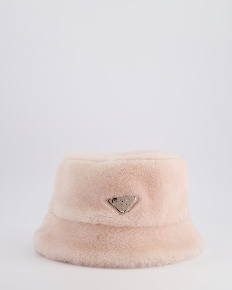 Prada Pink Shearling Bucket Hat with Logo Size L