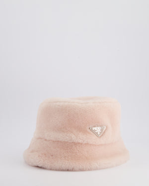 Prada Pink Shearling Bucket Hat with Logo Size L