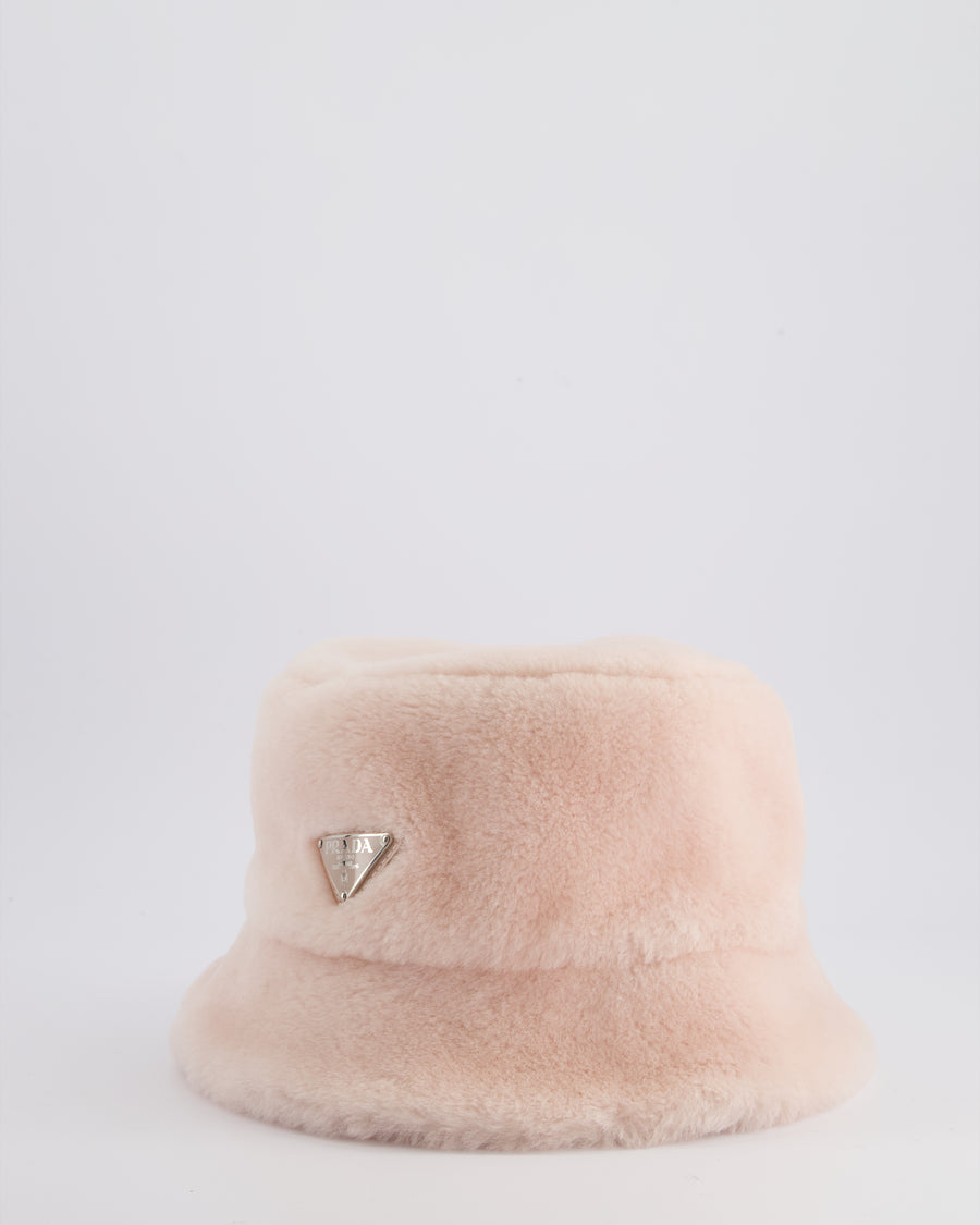 Prada Pink Shearling Bucket Hat with Logo Size L