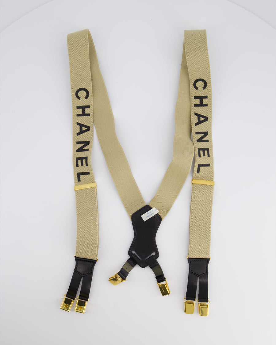 Chanel Vintage 1990s Beige Black Logo Ski Suspender Braces