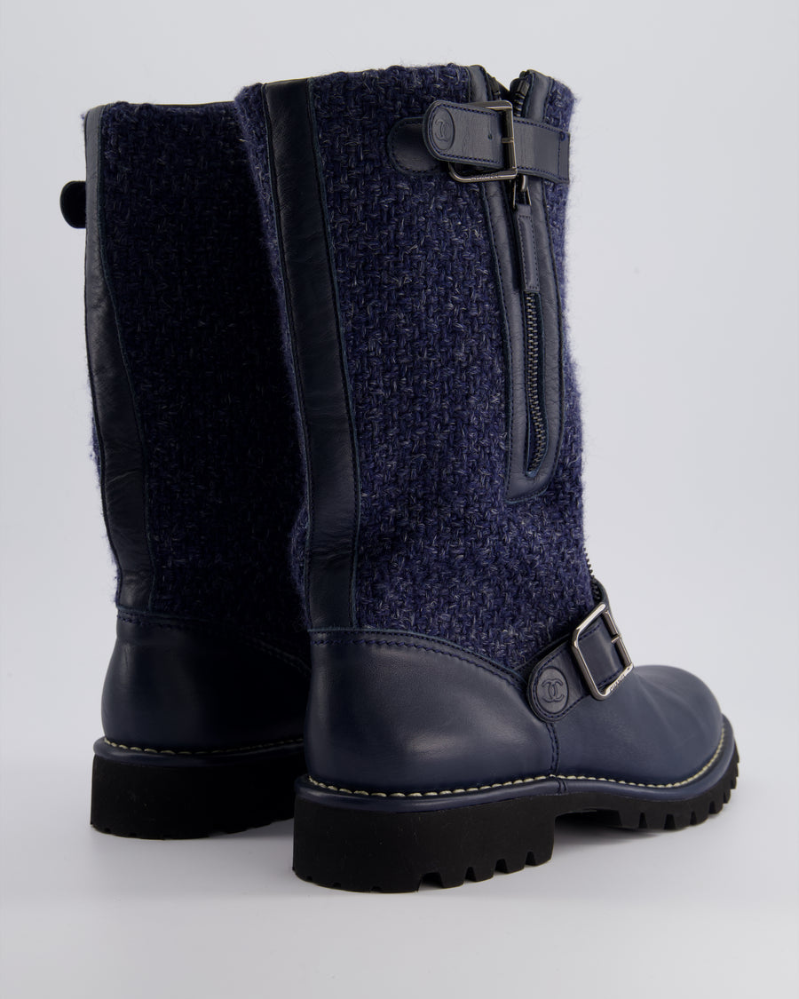 Chanel Navy Tweed CC Logo Ankle Boots Size EU 40