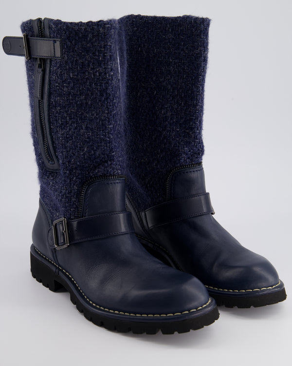 Chanel Navy Tweed CC Logo Ankle Boots Size EU 40