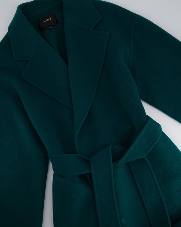 Theory Teal Green Wool Knee Length Belted Coat With Cropped Wide Sleeves Size Medium (UK 10)