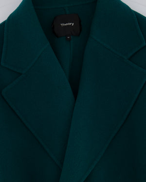 Theory Teal Green Wool Knee Length Belted Coat With Cropped Wide Sleeves Size Medium (UK 10)