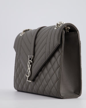 Saint Laurent Stone Grey Medium Envelope Bag in Quilted Grain De Poudre Calfskin Leather with Silver Hardware RRP £2,235