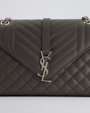 Saint Laurent Stone Grey Medium Envelope Bag in Quilted Grain De Poudre Calfskin Leather with Silver Hardware RRP £2,235