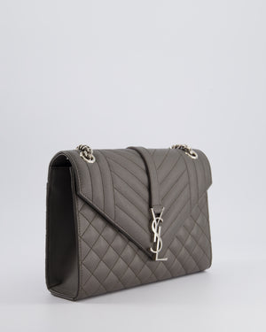 Saint Laurent Stone Grey Medium Envelope Bag in Quilted Grain De Poudre Calfskin Leather with Silver Hardware RRP £2,235