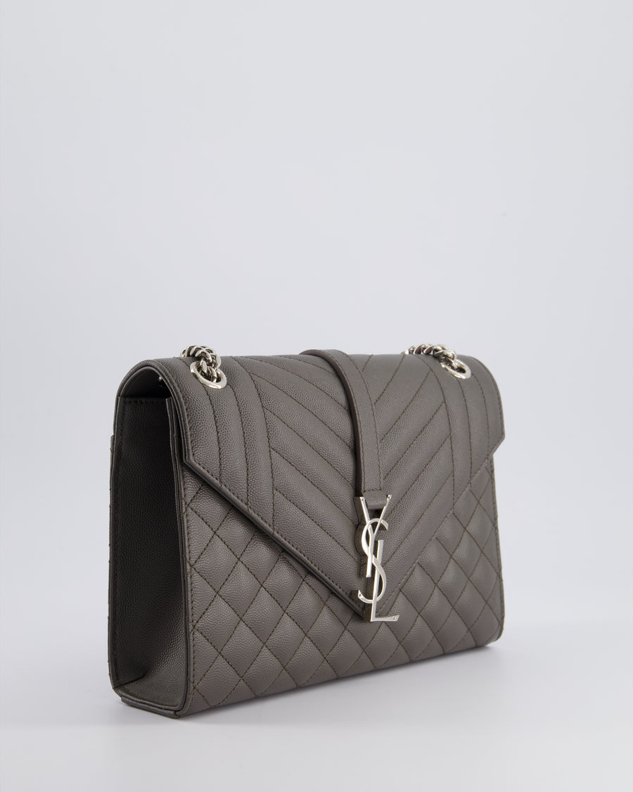 Saint Laurent Stone Grey Medium Envelope Bag in Quilted Grain De Poudre Calfskin Leather with Silver Hardware RRP £2,235