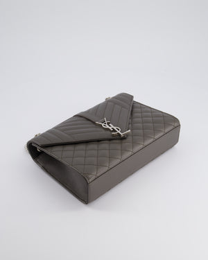 Saint Laurent Stone Grey Medium Envelope Bag in Quilted Grain De Poudre Calfskin Leather with Silver Hardware RRP £2,235