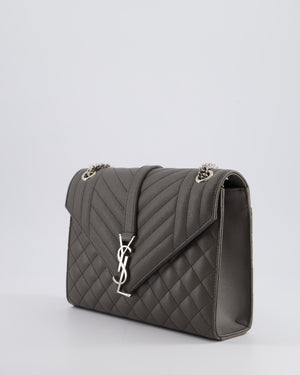 Saint Laurent Stone Grey Medium Envelope Bag in Quilted Grain De Poudre Calfskin Leather with Silver Hardware RRP £2,235