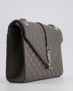 Saint Laurent Stone Grey Medium Envelope Bag in Quilted Grain De Poudre Calfskin Leather with Silver Hardware RRP £2,235