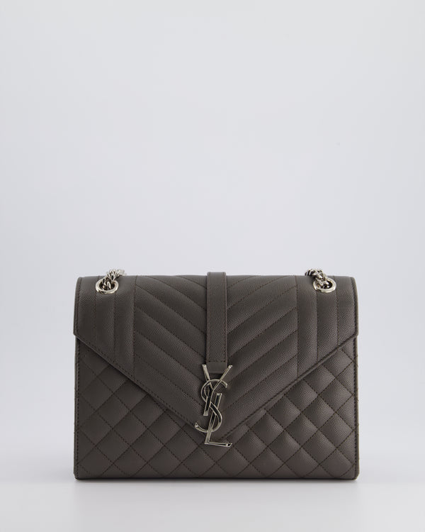 Saint Laurent Stone Grey Medium Envelope Bag in Quilted Grain De Poudre Calfskin Leather with Silver Hardware RRP £2,235