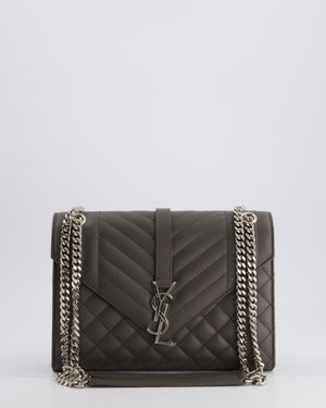 Saint Laurent Stone Grey Medium Envelope Bag in Quilted Grain De Poudre Calfskin Leather with Silver Hardware RRP £2,235