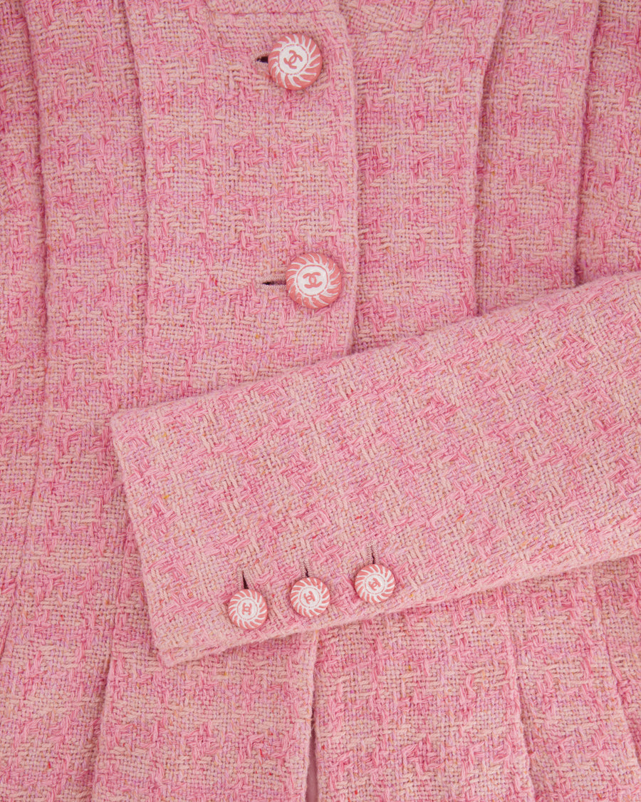 Chanel Pink Tweed Jacket and Midi Skirt Set with Ceramic CC Logo Buttons Size FR 34 (UK 6)