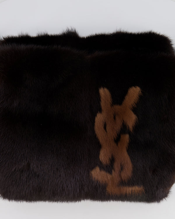 Yves Saint Laurent Vintage Brown Mink Fur Long Scarf with Beige YSL Detail