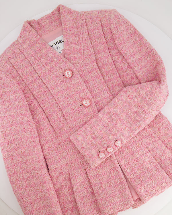 Chanel Pink Tweed Jacket and Midi Skirt Set with Ceramic CC Logo Buttons Size FR 34 (UK 6)