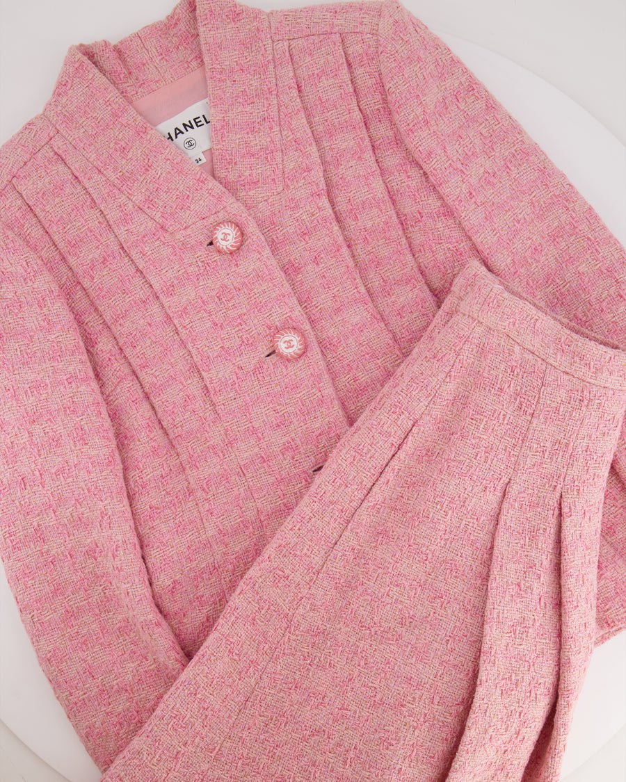 Chanel Pink Tweed Jacket and Midi Skirt Set with Ceramic CC Logo Buttons Size FR 34 (UK 6)