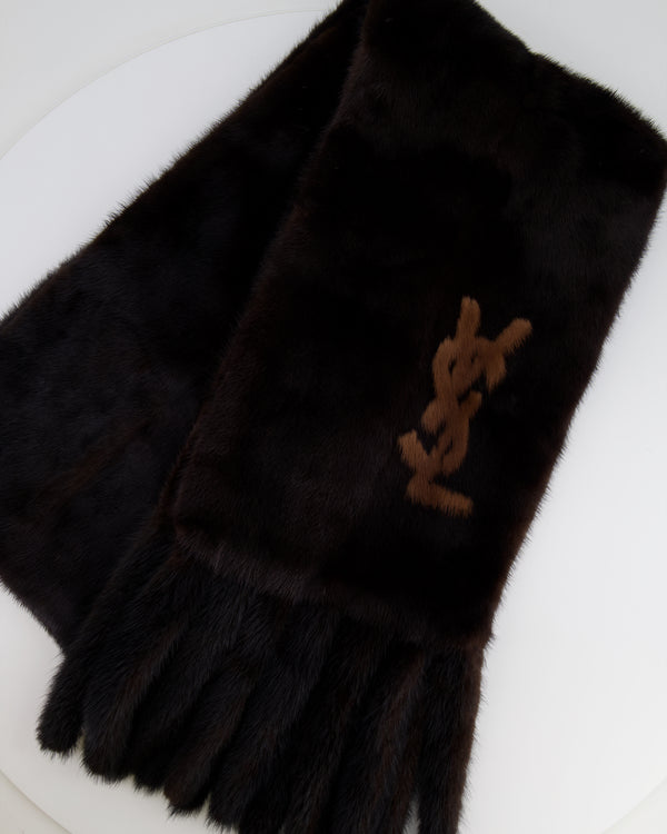 Yves Saint Laurent Vintage Brown Mink Fur Long Scarf with Beige YSL Detail