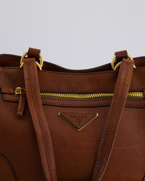 Prada Brown Cervo Tote Shoulder Bag in Aged Calfskin Leather with Gold Hardware