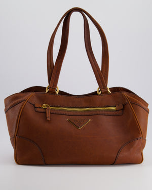 Prada Brown Cervo Tote Shoulder Bag in Aged Calfskin Leather with Gold Hardware