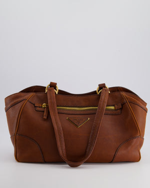 Prada Brown Cervo Tote Shoulder Bag in Aged Calfskin Leather with Gold Hardware