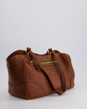 Prada Brown Cervo Tote Shoulder Bag in Aged Calfskin Leather with Gold Hardware