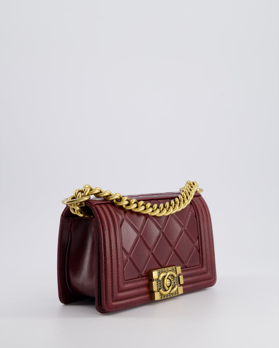 *HOT COLOUR* Chanel Burgundy Small Boy Bag in Shiny Calfskin with Antique Gold Hardware