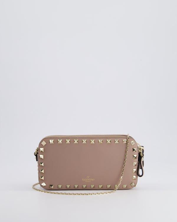 Valentino Dusty Pink Rockstud Double Zip Crossbody Camera Bag with Gold Hardware