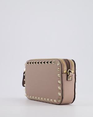 Valentino Dusty Pink Rockstud Double Zip Crossbody Camera Bag with Gold Hardware