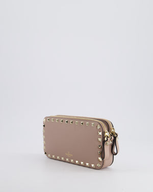 Valentino Dusty Pink Rockstud Double Zip Crossbody Camera Bag with Gold Hardware