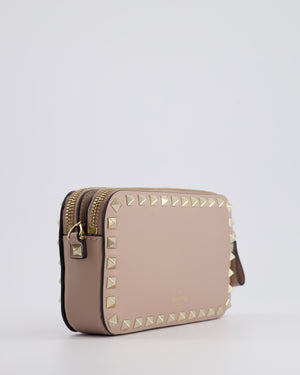 Valentino Dusty Pink Rockstud Double Zip Crossbody Camera Bag with Gold Hardware