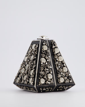 *RARE* Chanel 2012 Pre-Fall Paris-Bombay Collection Black Leather & Silver Hardware Detail Pyramid Evening Bag