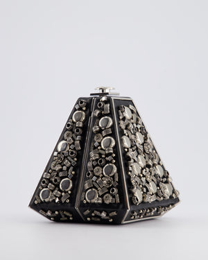 *RARE* Chanel 2012 Pre-Fall Paris-Bombay Collection Black Leather & Silver Hardware Detail Pyramid Evening Bag