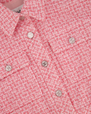 *HOT* Chanel 2023 Cropped Pink Short Sleeve Tweed Jacket with Silver CC Buttons Size FR 36 (UK 8)