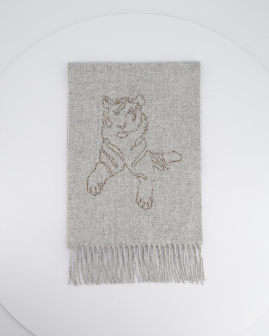 Hermès Tiger King in Gris Cine Brode Scarf Size 146cm x 26.5 cm