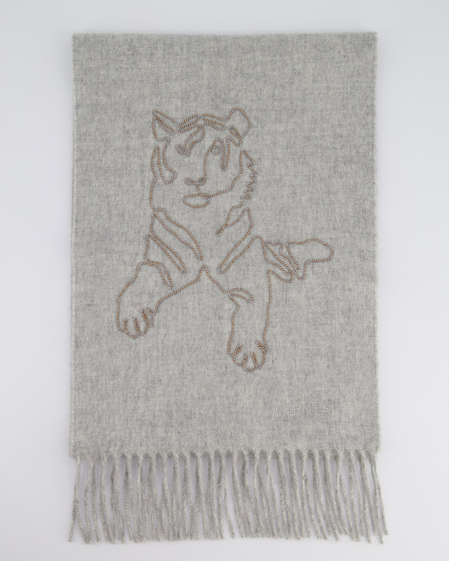 Hermès Tiger King in Gris Cine Brode Scarf Size 146cm x 26.5 cm