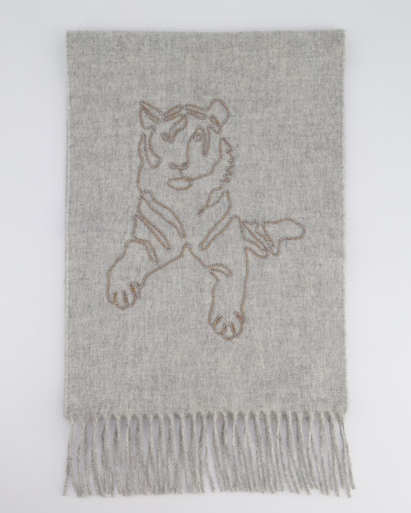 Hermès Tiger King in Gris Cine Brode Scarf Size 146cm x 26.5 cm