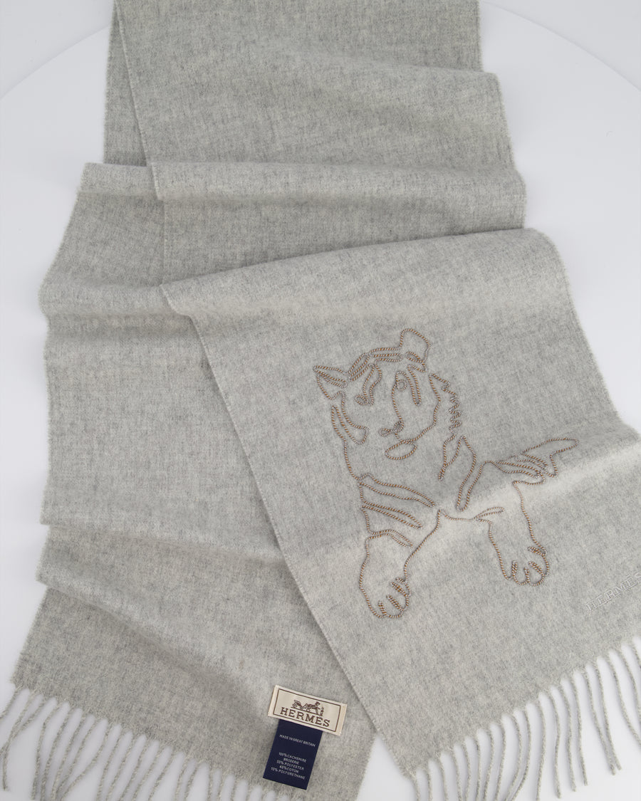 Hermès Tiger King in Gris Cine Brode Scarf Size 146cm x 26.5 cm