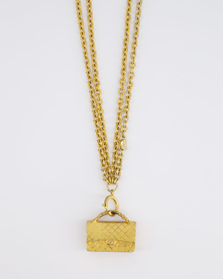 Chanel Vintage Gold Chain Necklace With Classic Flap Handbag Pendant