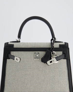 *RARE* Hermès Kelly Sellier Bag 25cm in Ecru & Black Toile Quadrille with Black Swift Leather and Palladium Hardware