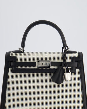 *RARE* Hermès Kelly Sellier Bag 25cm in Ecru & Black Toile Quadrille with Black Swift Leather and Palladium Hardware